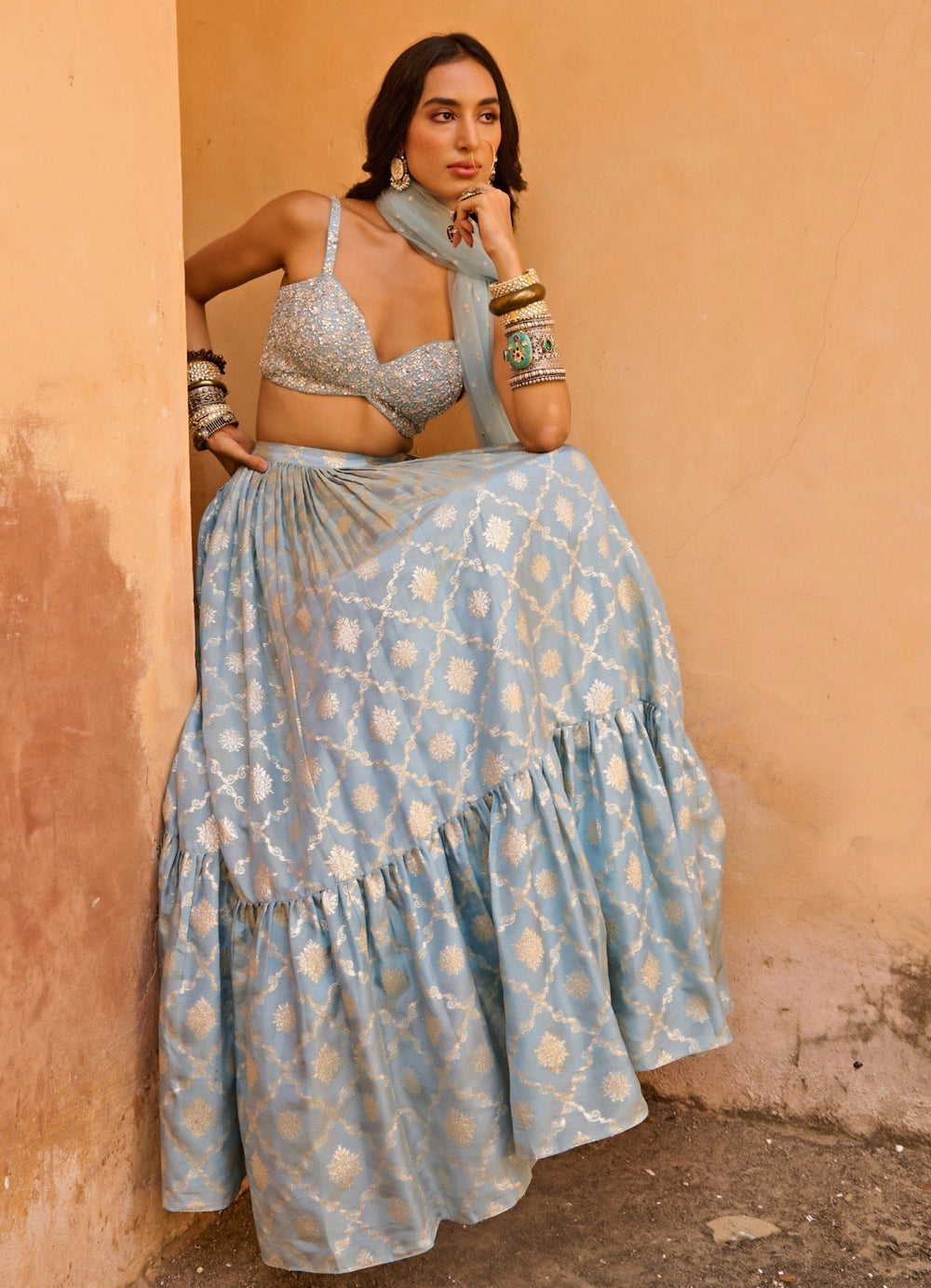 Sparkling Blue Jacquard and Raw Silk Embroidered Lehenga Set Chamee n Palak - Fabilicious Fashion