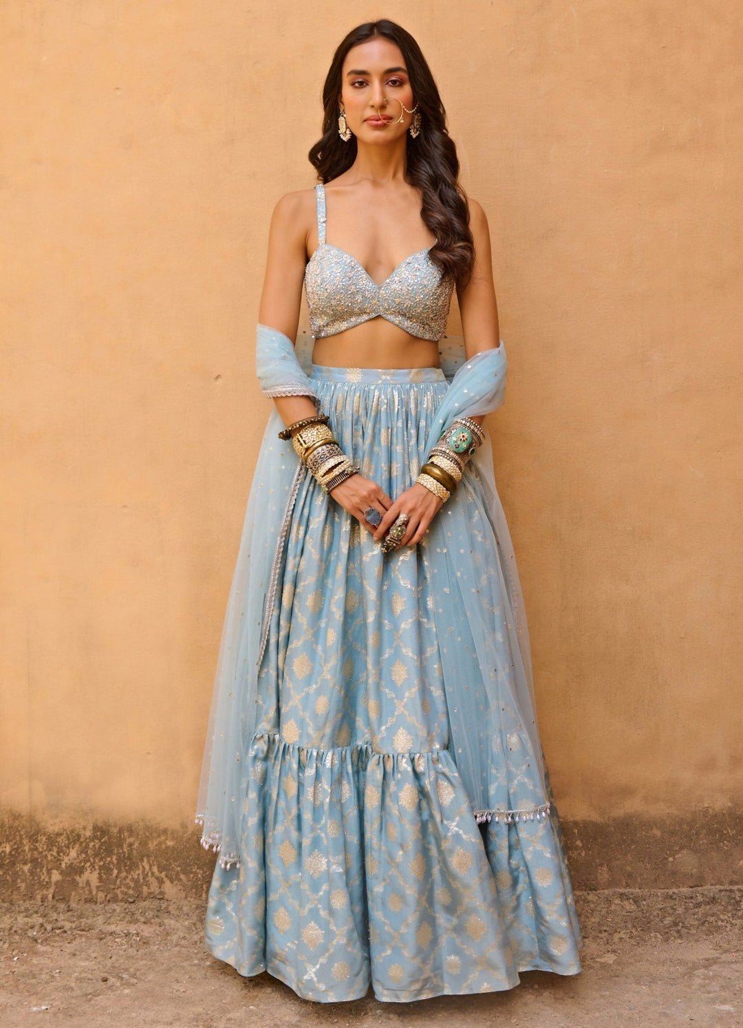Sparkling Blue Jacquard and Raw Silk Embroidered Lehenga Set Chamee n Palak - Fabilicious Fashion