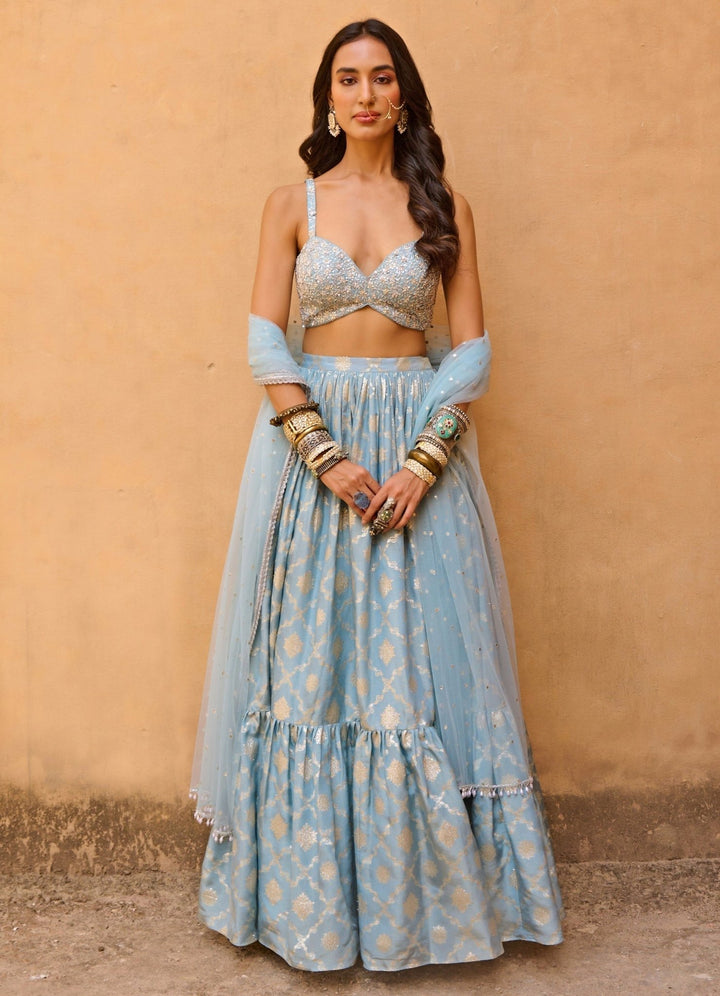Sparkling Blue Jacquard and Raw Silk Embroidered Lehenga Set Chamee n Palak - Fabilicious Fashion