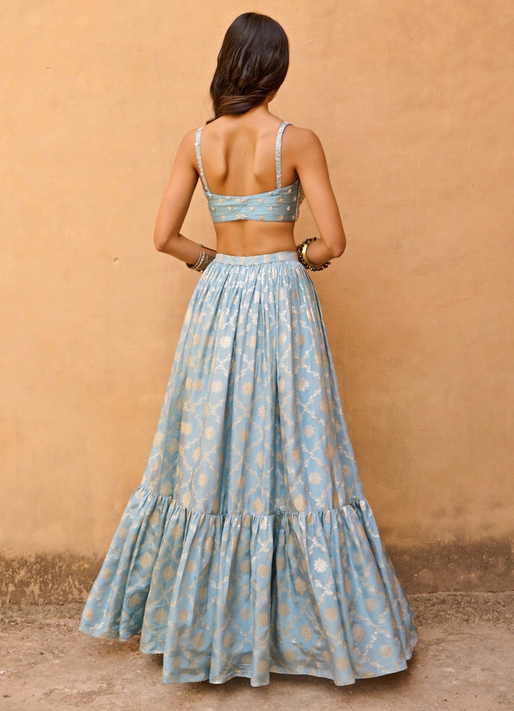 Sparkling Blue Jacquard and Raw Silk Embroidered Lehenga Set Chamee n Palak - Fabilicious Fashion