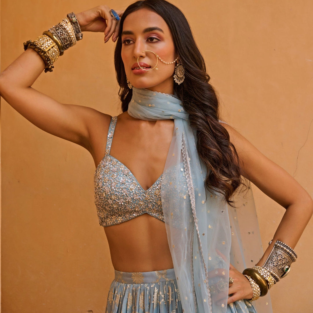 Sparkling Blue Jacquard and Raw Silk Embroidered Lehenga Set Chamee n Palak - Fabilicious Fashion