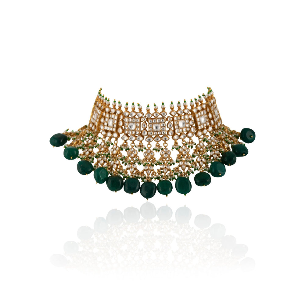 Square Design Necklace Hanging With Big Dark Green Beads Riana by Shikha Jindal - Fabilicious Fashion