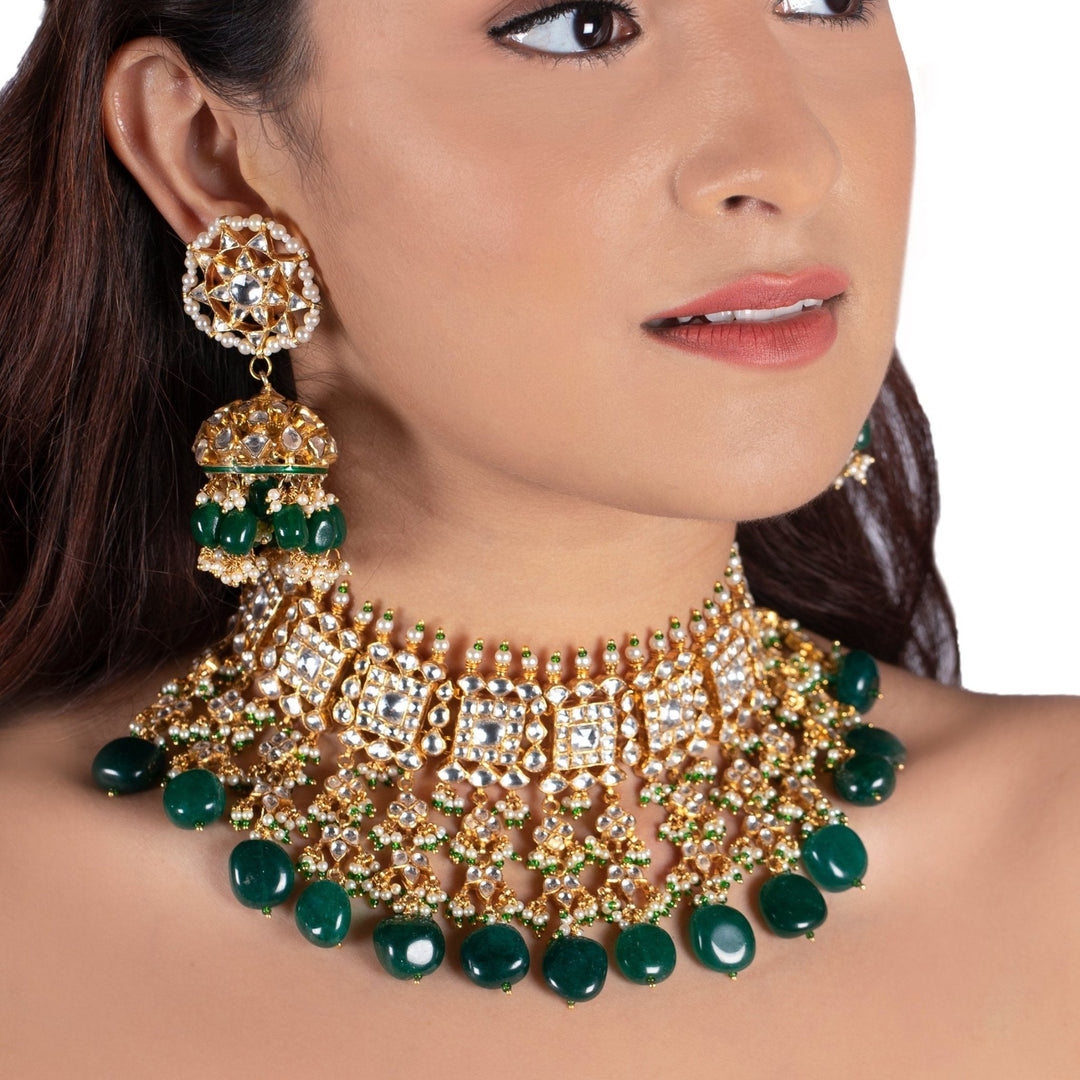 Square Design Necklace Hanging With Big Dark Green Beads Riana by Shikha Jindal - Fabilicious Fashion