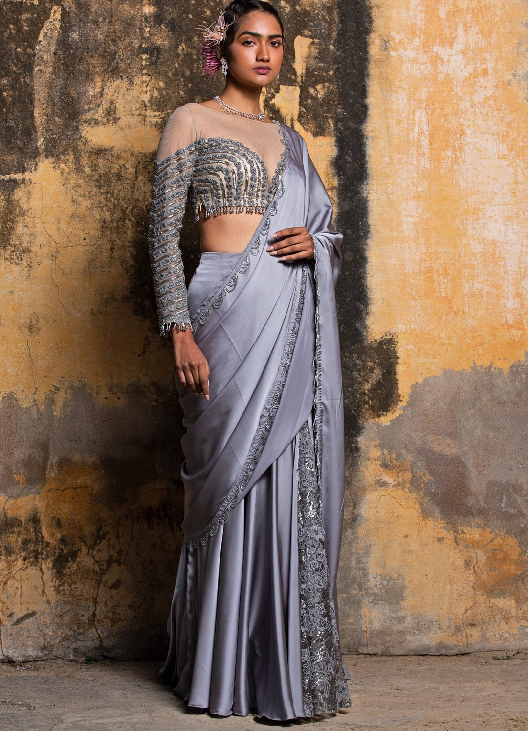 Steel Grey Drape Satin Saree With Nude Net Embellished Blouse Nitika Gujral - Fabilicious Fashion