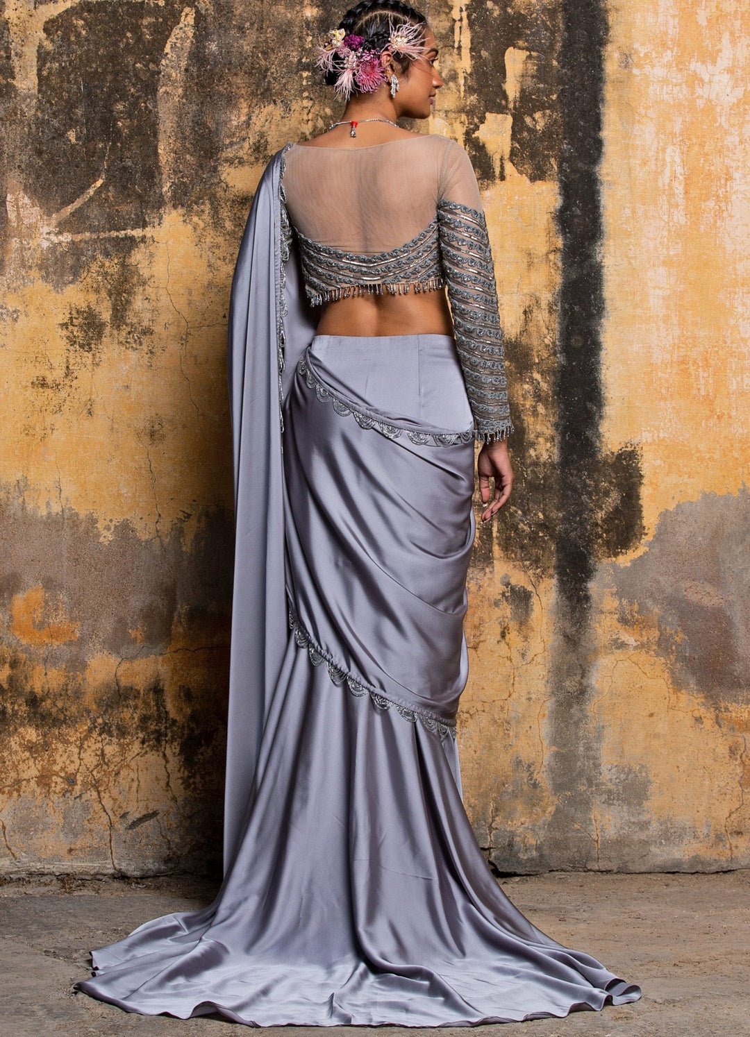 Steel Grey Drape Satin Saree With Nude Net Embellished Blouse Nitika Gujral - Fabilicious Fashion