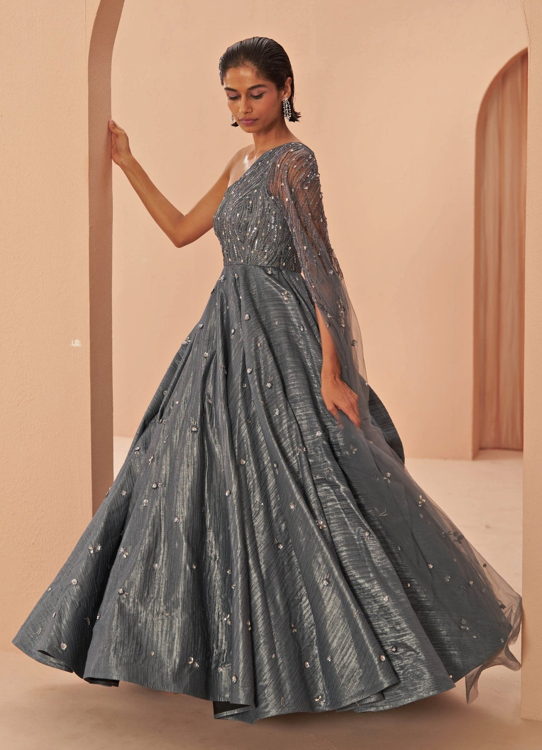 Steel Grey Mirage crushed One Shoulder gown Parul Gandhi - Fabilicious Fashion