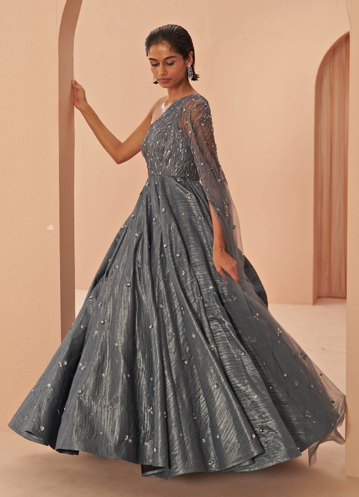 Steel Grey Mirage crushed One Shoulder gown Parul Gandhi - Fabilicious Fashion