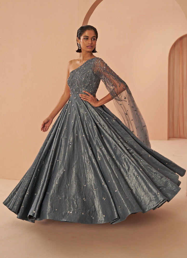 Steel Grey Mirage crushed One Shoulder gown Parul Gandhi - Fabilicious Fashion