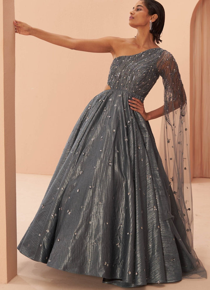 Steel Grey Mirage crushed One Shoulder gown Parul Gandhi - Fabilicious Fashion