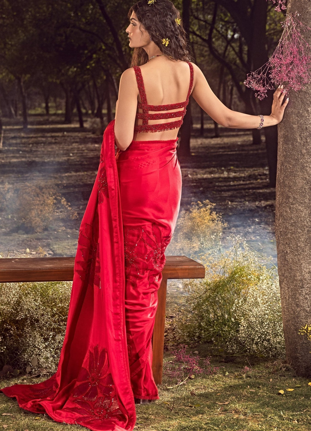 Strawberry Red Satin Floral Embroidered Saree Set Nitika Gujral - Fabilicious Fashion