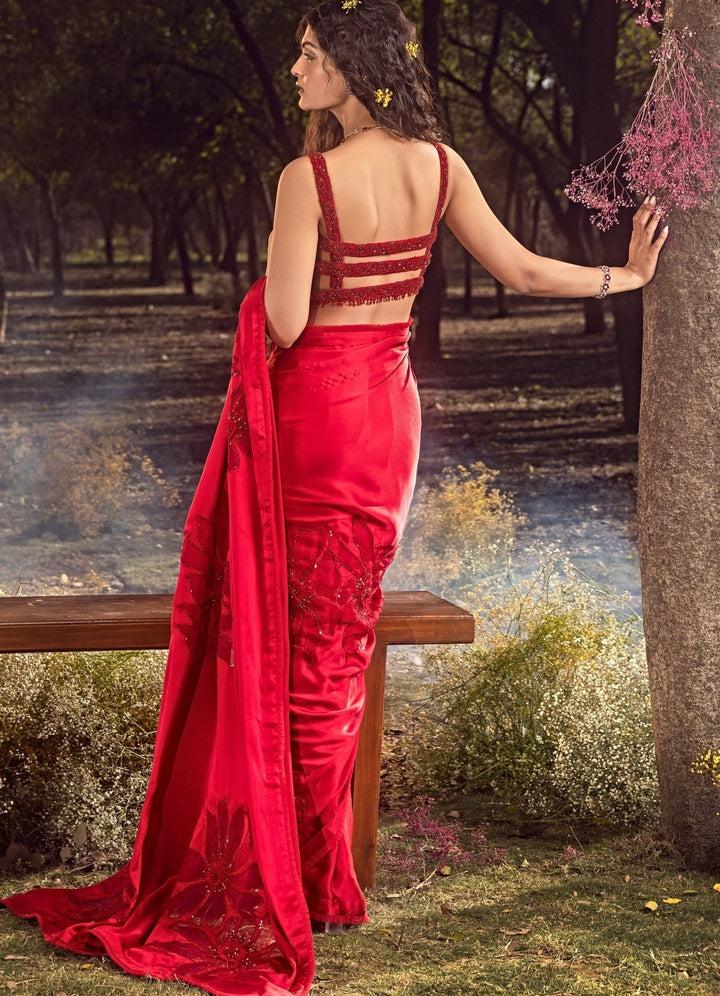 Strawberry Red Satin Floral Embroidered Saree Set Nitika Gujral - Fabilicious Fashion