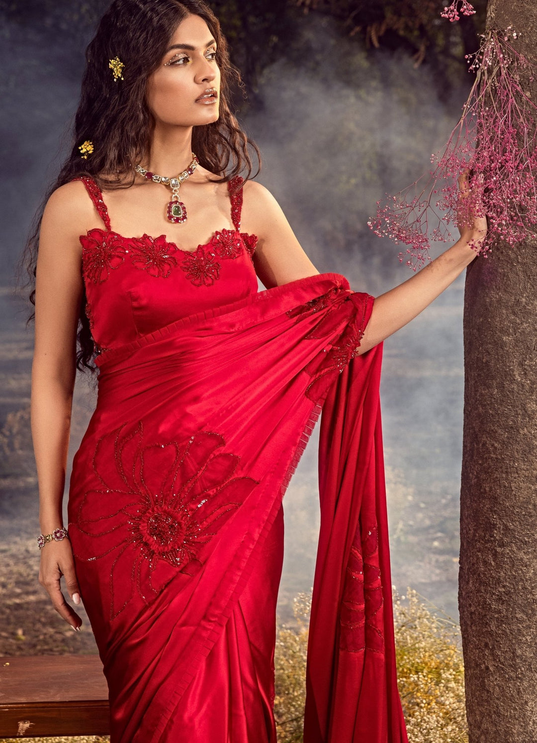 Strawberry Red Satin Floral Embroidered Saree Set Nitika Gujral - Fabilicious Fashion