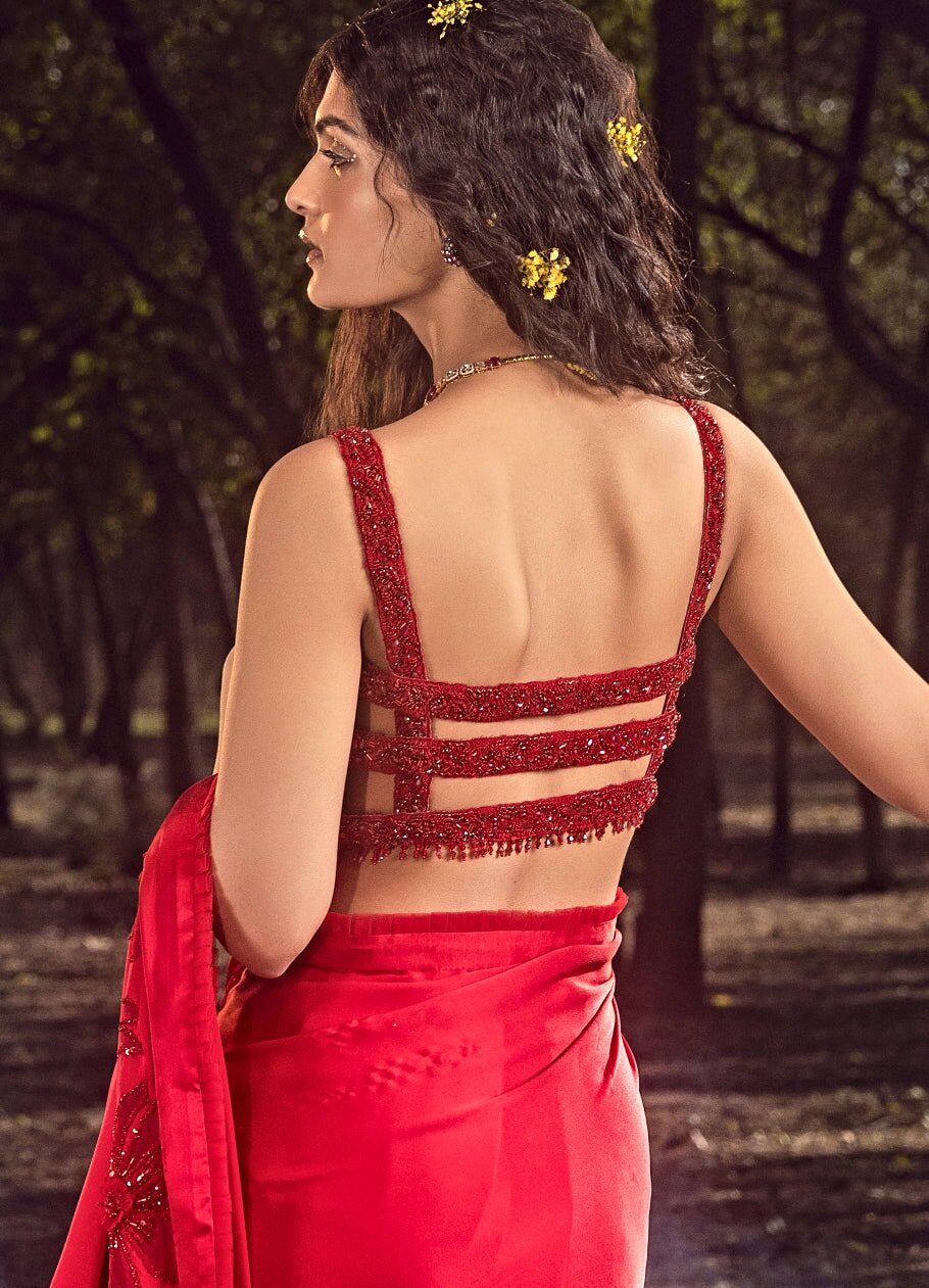 Strawberry Red Satin Floral Embroidered Saree Set Nitika Gujral - Fabilicious Fashion