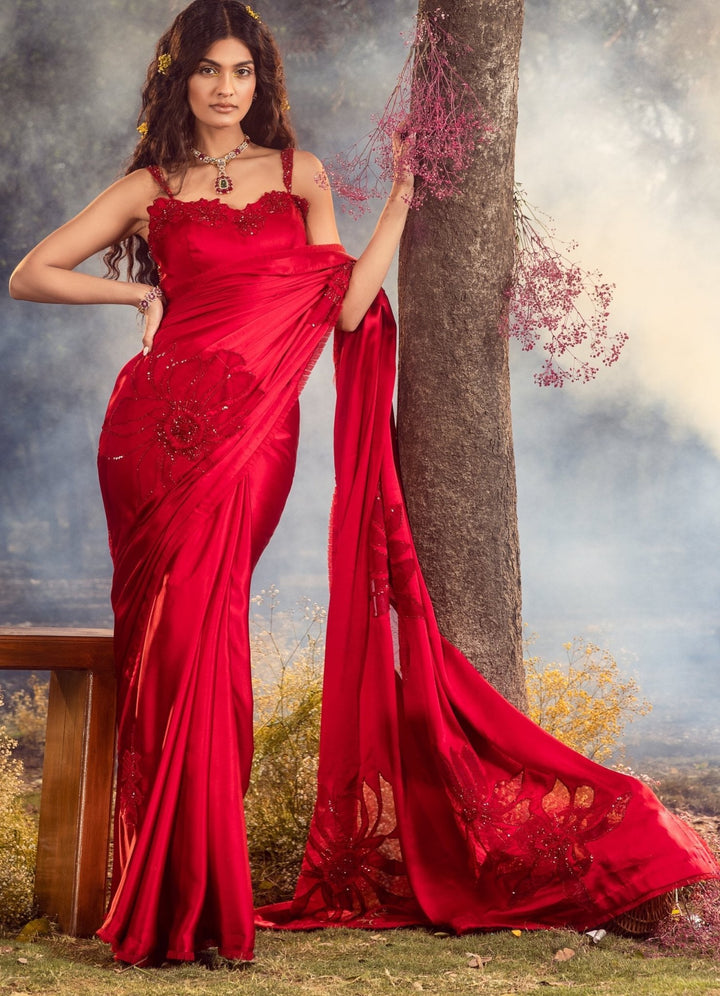 Strawberry Red Satin Floral Embroidered Saree Set Nitika Gujral - Fabilicious Fashion