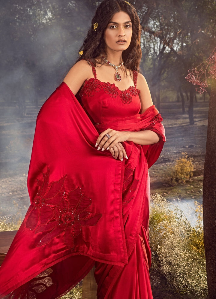 Strawberry Red Satin Floral Embroidered Saree Set Nitika Gujral - Fabilicious Fashion