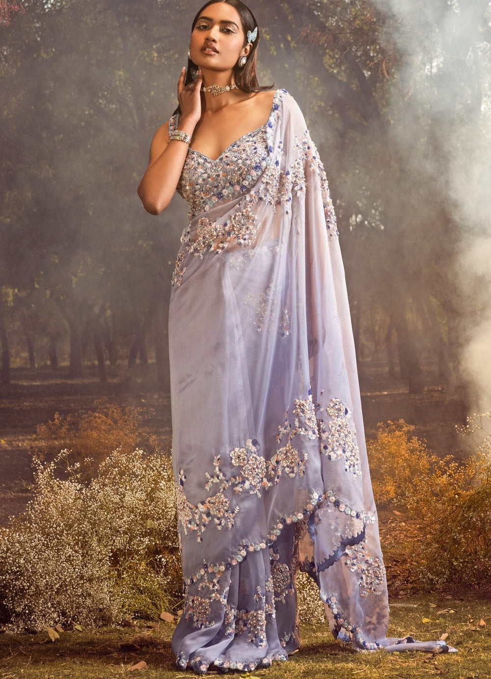 Summer Blue Ombre Organza Embroidered Saree Set Nitika Gujral - Fabilicious Fashion