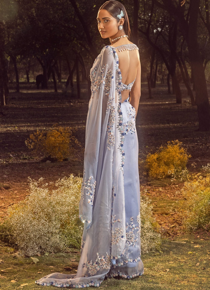 Summer Blue Ombre Organza Embroidered Saree Set Nitika Gujral - Fabilicious Fashion