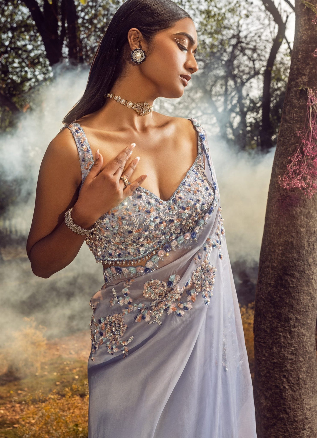 Summer Blue Ombre Organza Embroidered Saree Set Nitika Gujral - Fabilicious Fashion