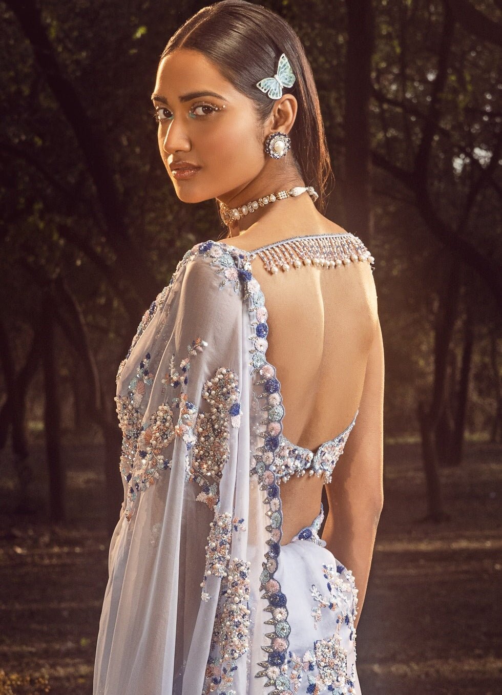 Summer Blue Ombre Organza Embroidered Saree Set Nitika Gujral - Fabilicious Fashion