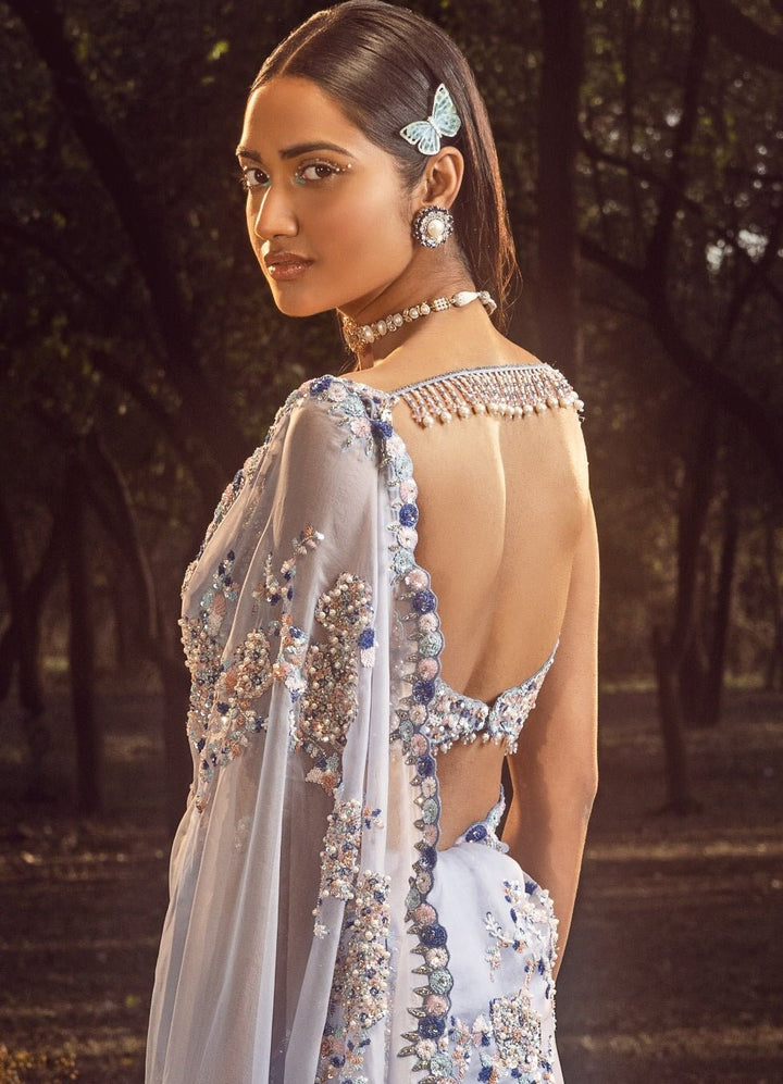 Summer Blue Ombre Organza Embroidered Saree Set Nitika Gujral - Fabilicious Fashion