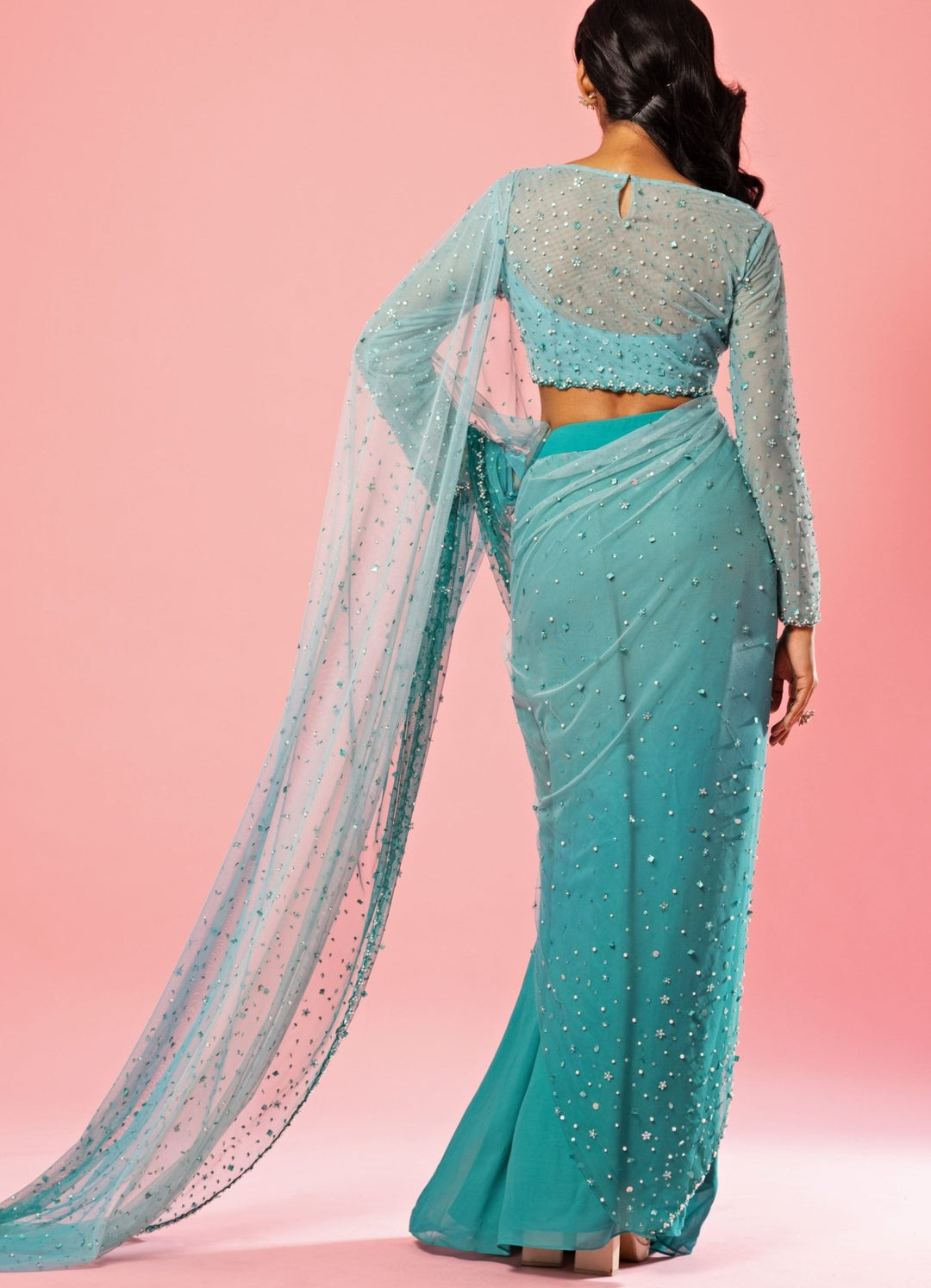 Summer Blue Ombre Pure Georgette Hand Embroidered Pre Draped Saree QAT By Agni - Fabilicious Fashion