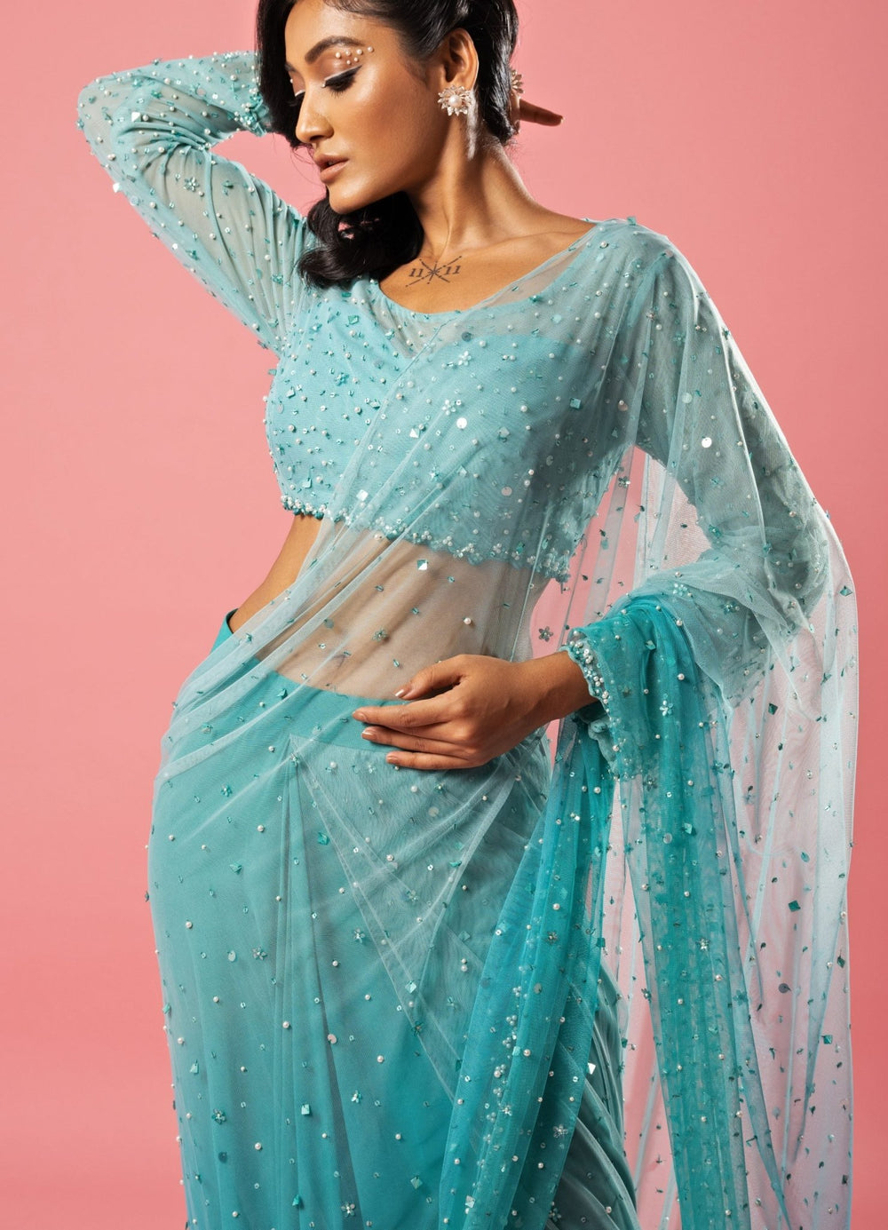 Summer Blue Ombre Pure Georgette Hand Embroidered Pre Draped Saree QAT By Agni - Fabilicious Fashion