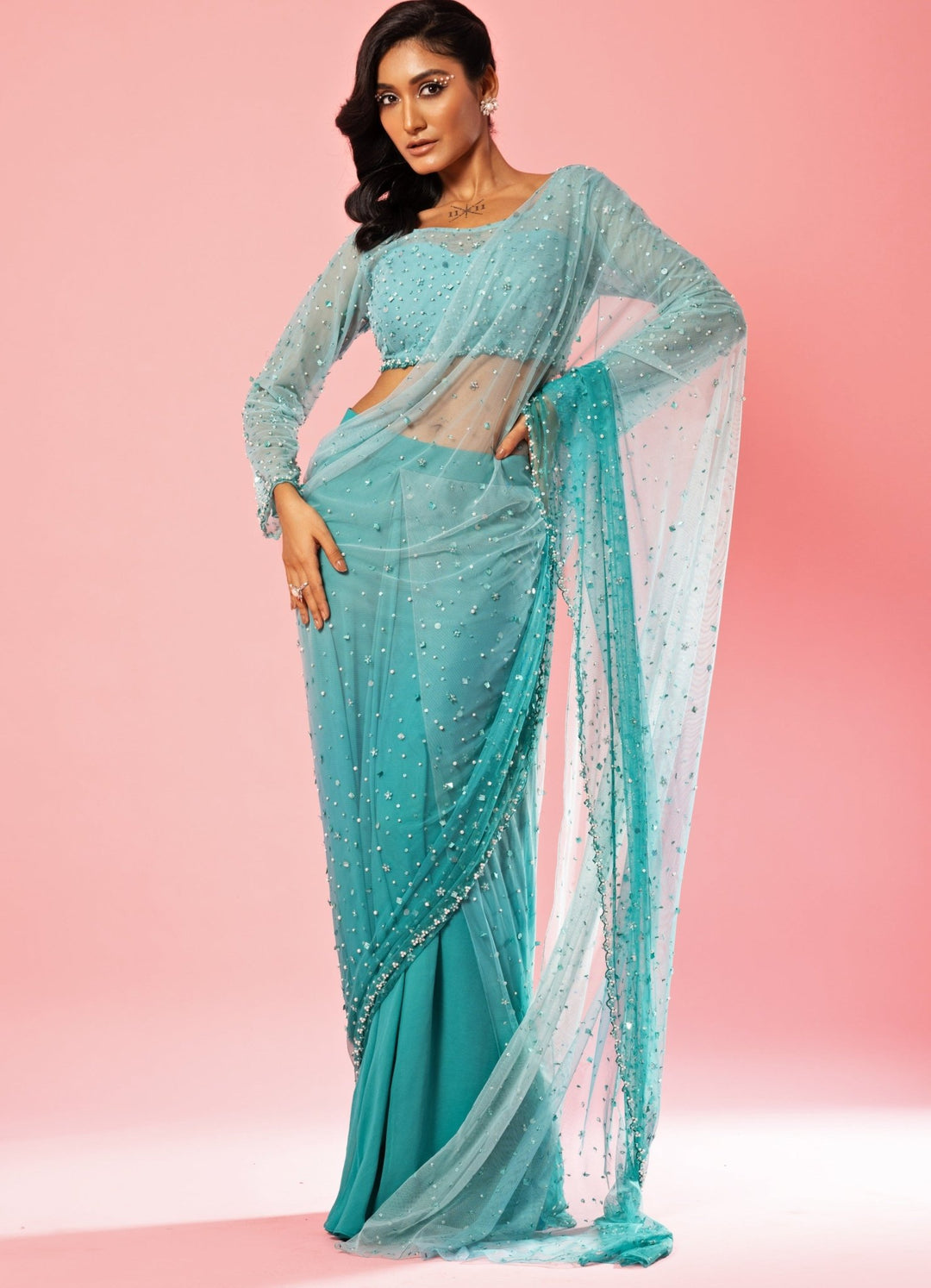 Summer Blue Ombre Pure Georgette Hand Embroidered Pre Draped Saree QAT By Agni - Fabilicious Fashion