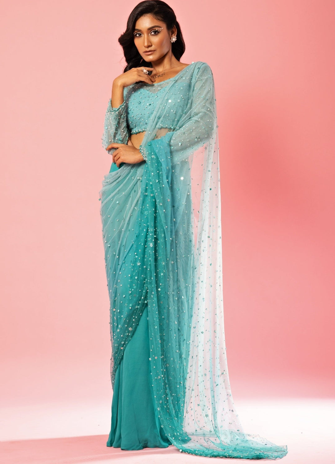 Summer Blue Ombre Pure Georgette Hand Embroidered Pre Draped Saree QAT By Agni - Fabilicious Fashion