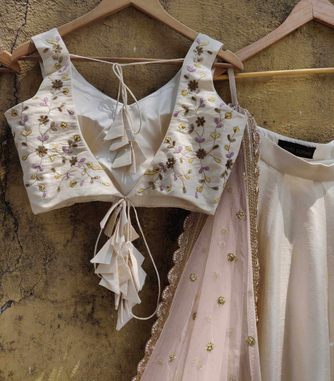 Summer Ivory Lehenga Set with Blush Pink Dupatta Priti Sahni - Fabilicious Fashion