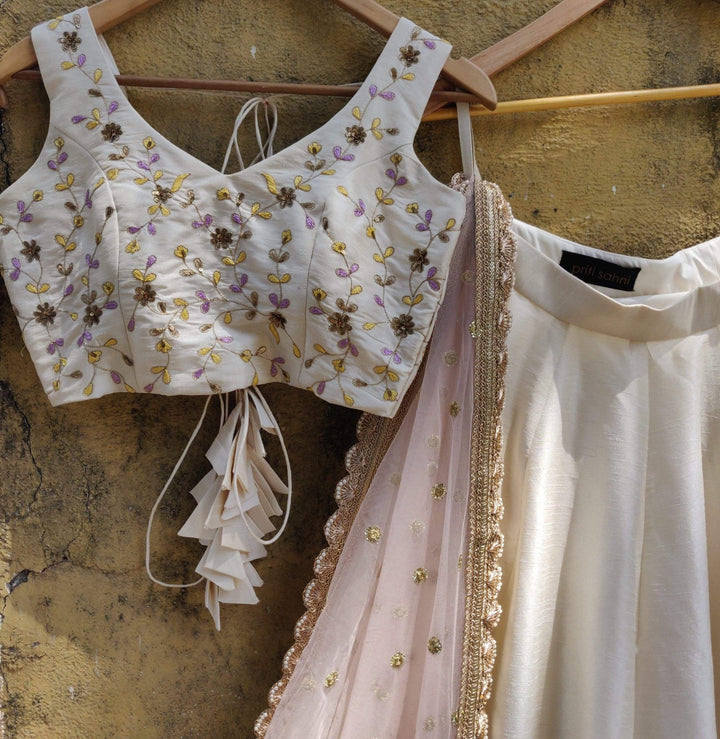 Summer Ivory Lehenga Set with Blush Pink Dupatta Priti Sahni - Fabilicious Fashion