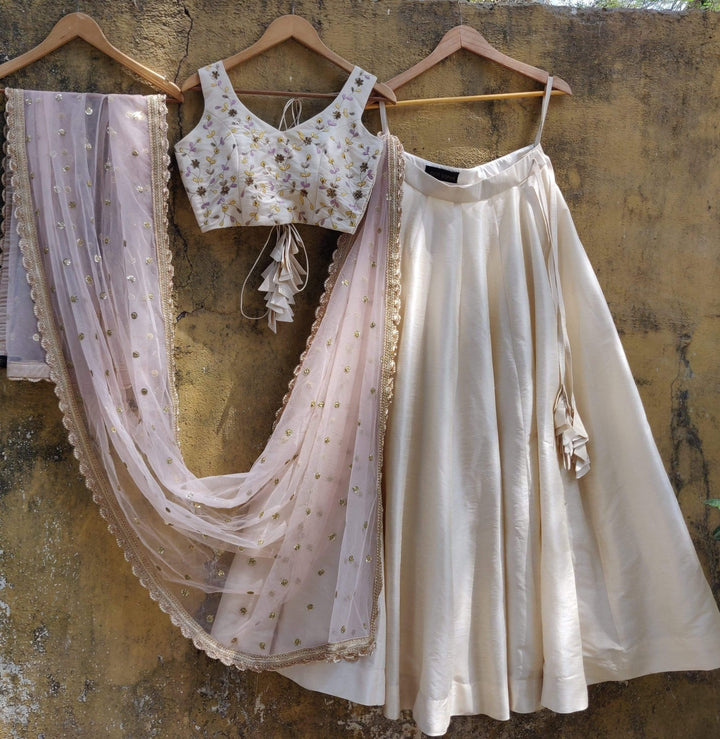 Summer Ivory Lehenga Set with Blush Pink Dupatta Priti Sahni - Fabilicious Fashion