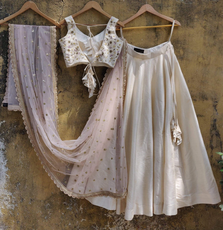 Summer Ivory Lehenga Set with Blush Pink Dupatta Priti Sahni - Fabilicious Fashion