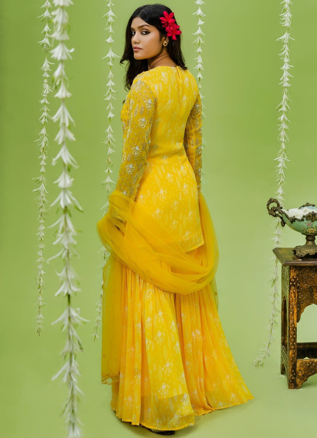 Sunny Yellow Embellished Full Sleeved Georgette Sharara Set Redpine - Fabilicious Fashion