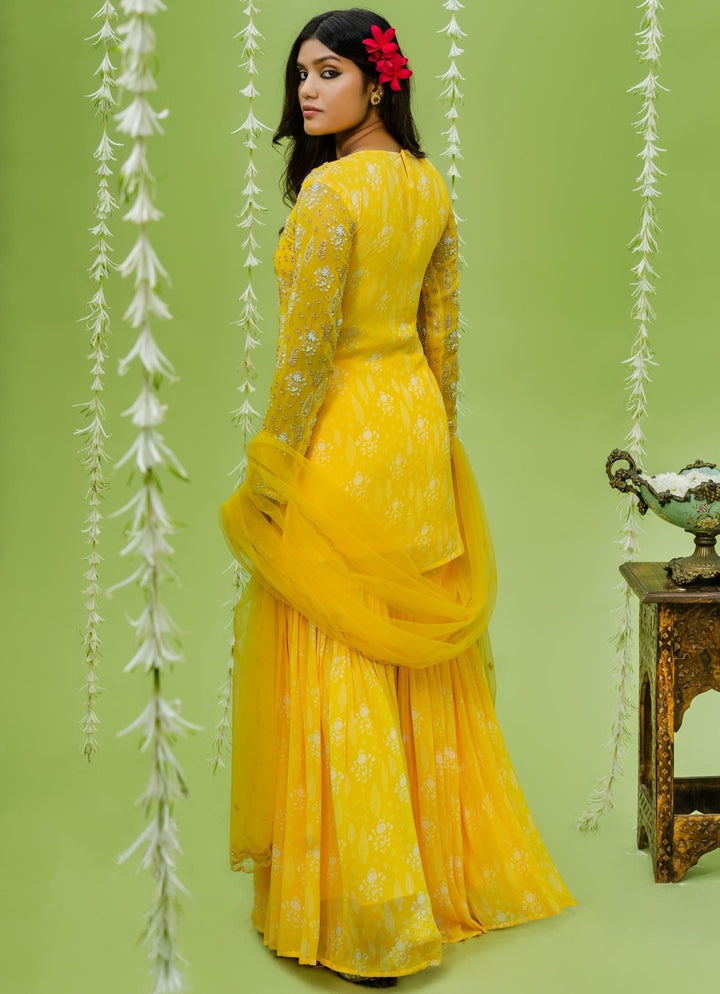 Sunny Yellow Embellished Full Sleeved Georgette Sharara Set Redpine - Fabilicious Fashion