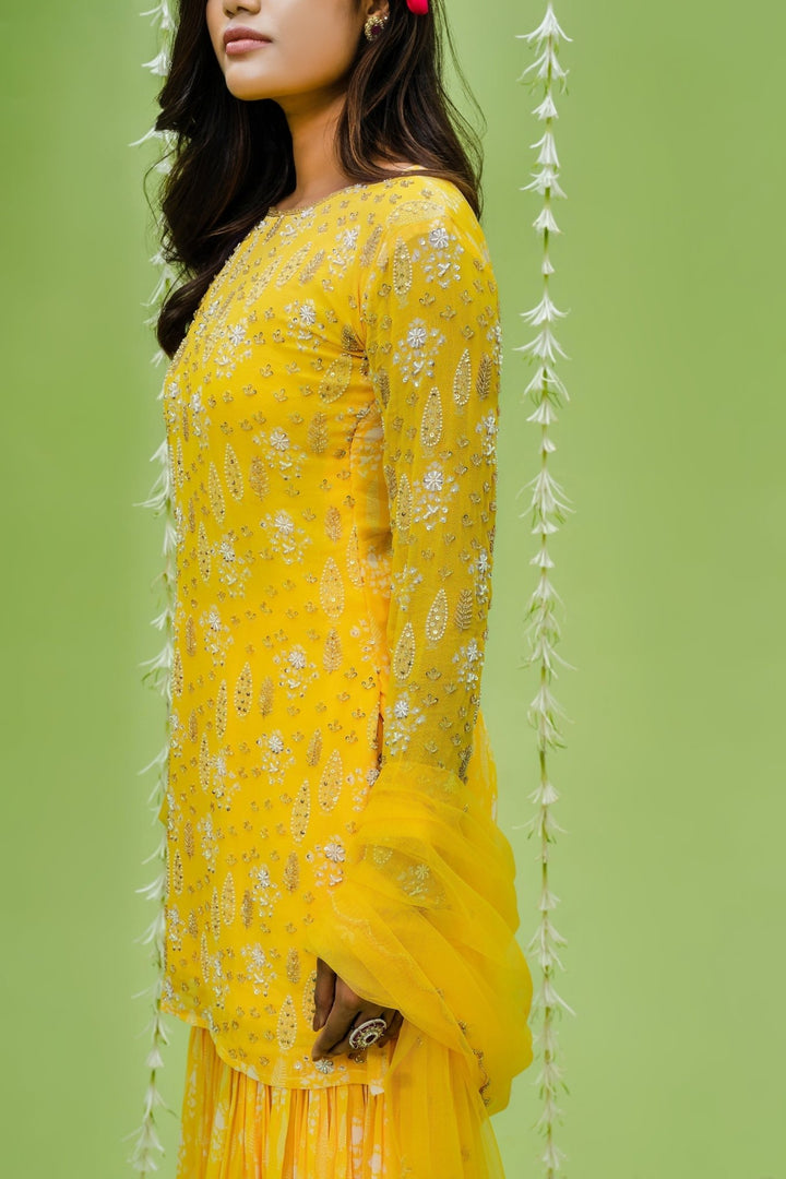 Sunny Yellow Embellished Full Sleeved Georgette Sharara Set Redpine - Fabilicious Fashion