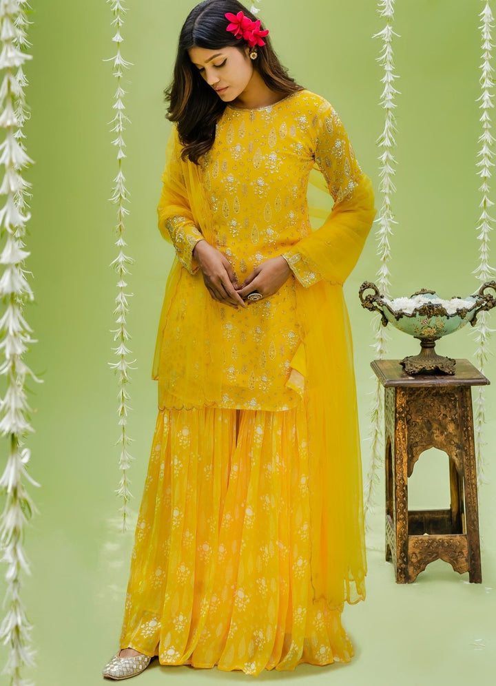 Sunny Yellow Embellished Full Sleeved Georgette Sharara Set Redpine - Fabilicious Fashion