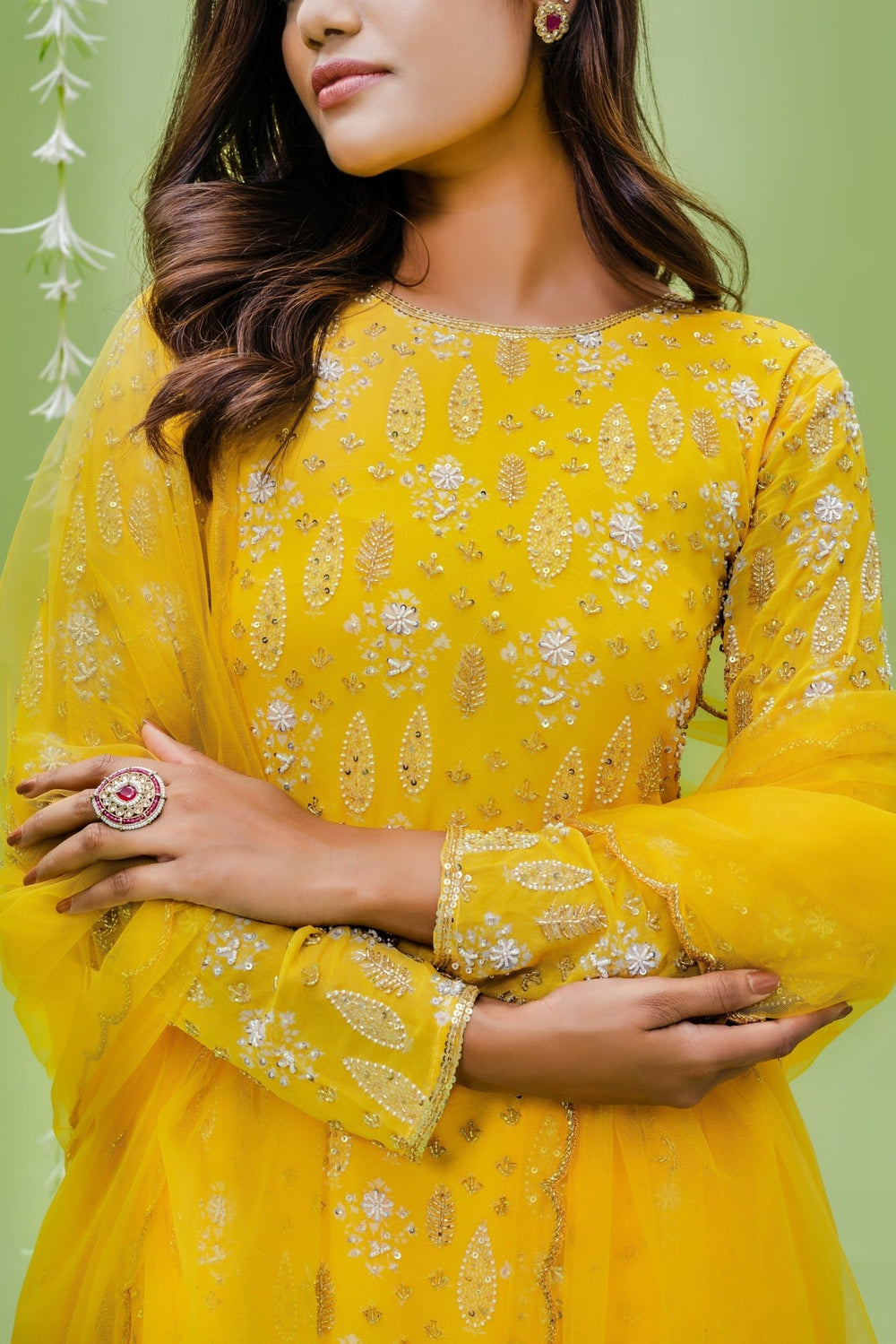 Sunny Yellow Embellished Full Sleeved Georgette Sharara Set Redpine - Fabilicious Fashion