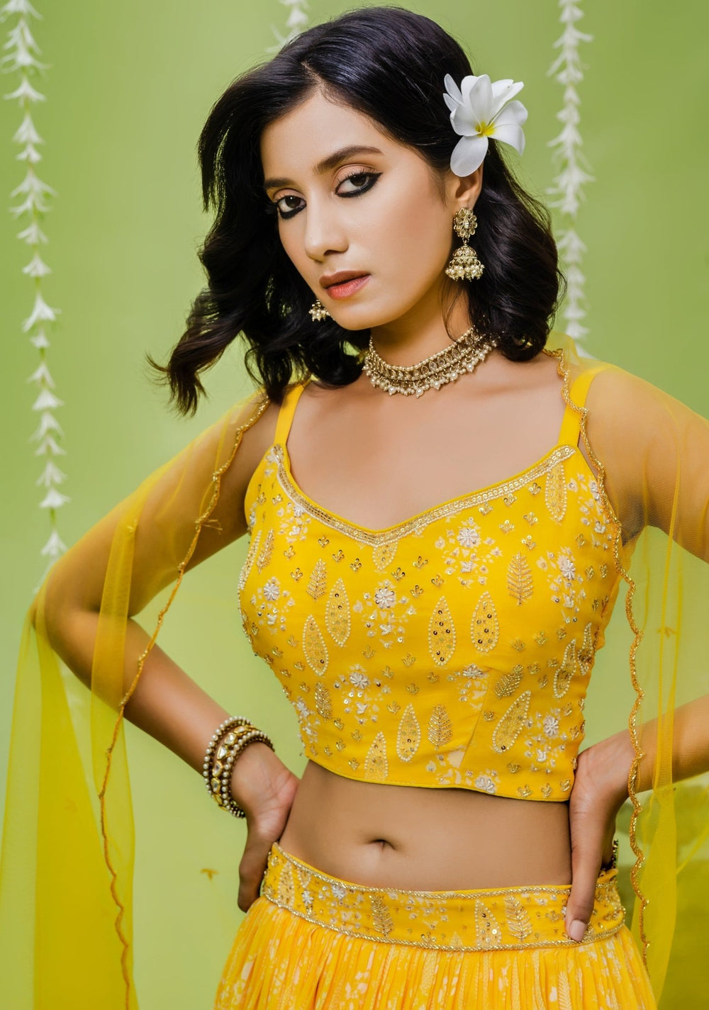 Sunny Yellow Printed Georgette Lehenga With Embellished Blouse and Net Dupatta Redpine - Fabilicious Fashion