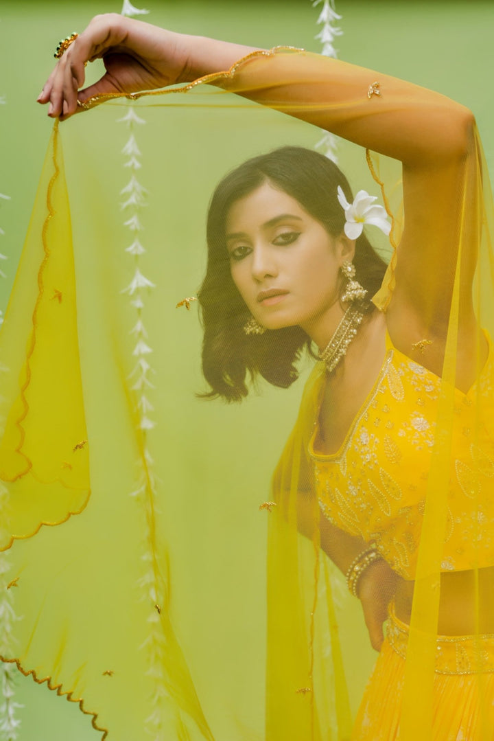 Sunny Yellow Printed Georgette Lehenga With Embellished Blouse and Net Dupatta Redpine - Fabilicious Fashion