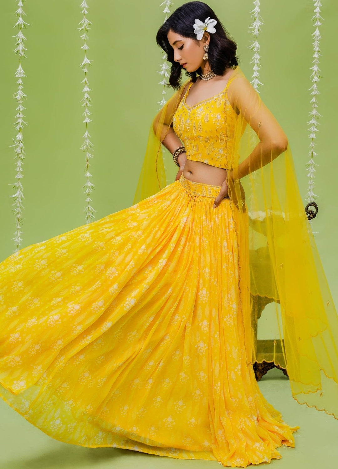 Sunny Yellow Printed Georgette Lehenga With Embellished Blouse and Net Dupatta Redpine - Fabilicious Fashion