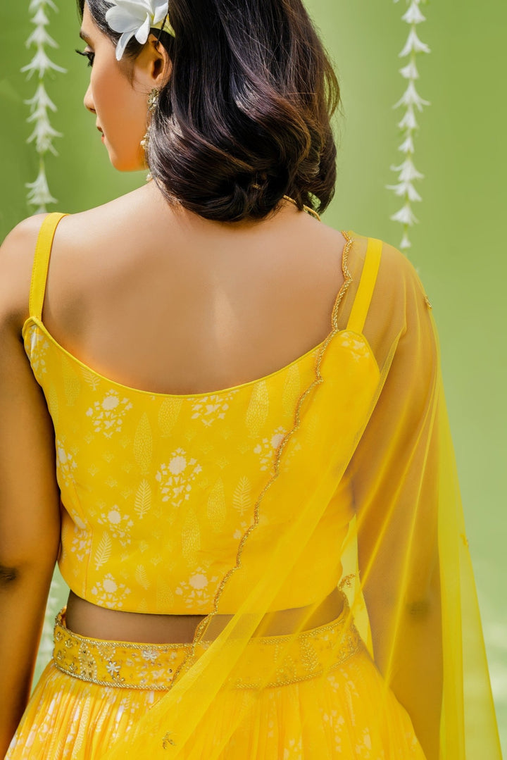 Sunny Yellow Printed Georgette Lehenga With Embellished Blouse and Net Dupatta Redpine - Fabilicious Fashion
