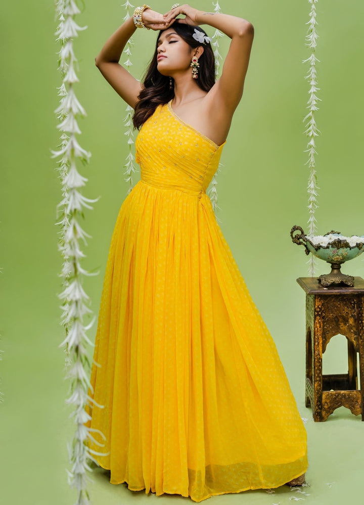 Sunny Yellow Printed One Shoulder Pleated Georgette Gown Redpine - Fabilicious Fashion