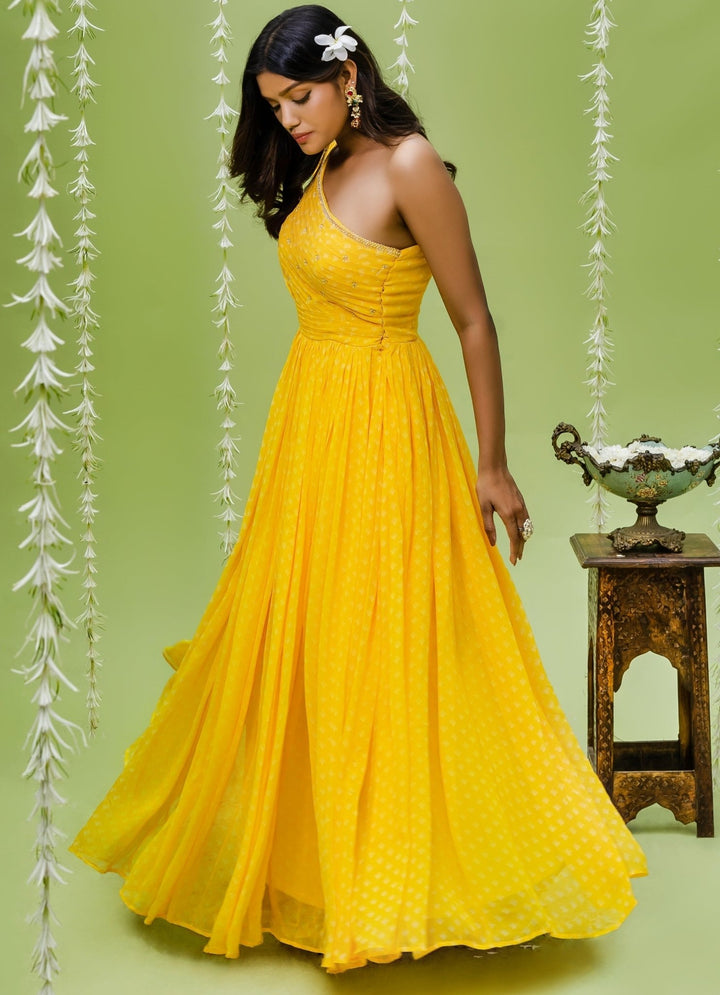Sunny Yellow Printed One Shoulder Pleated Georgette Gown Redpine - Fabilicious Fashion
