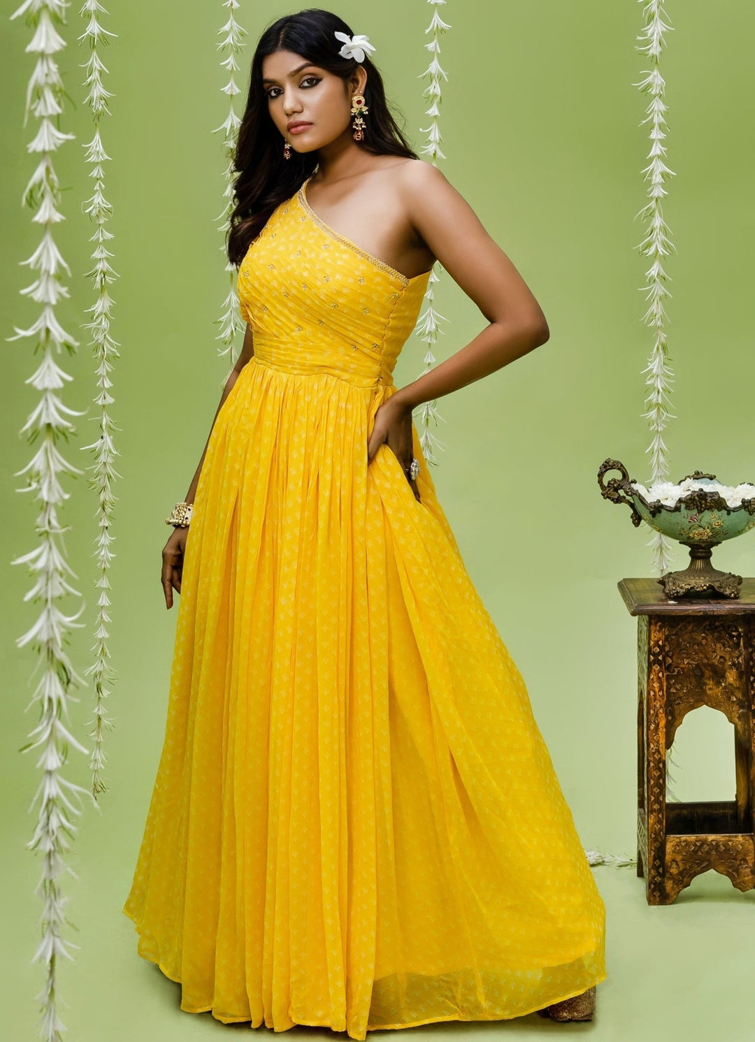 Sunny Yellow Printed One Shoulder Pleated Georgette Gown Redpine - Fabilicious Fashion