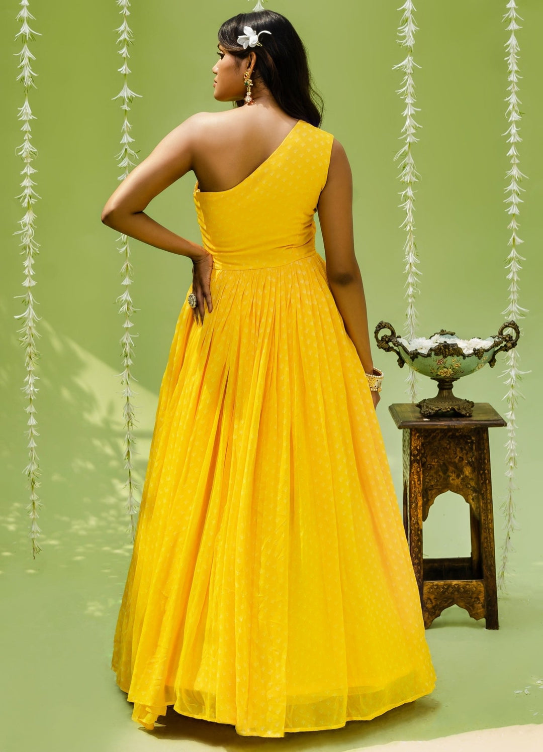 Sunny Yellow Printed One Shoulder Pleated Georgette Gown Redpine - Fabilicious Fashion
