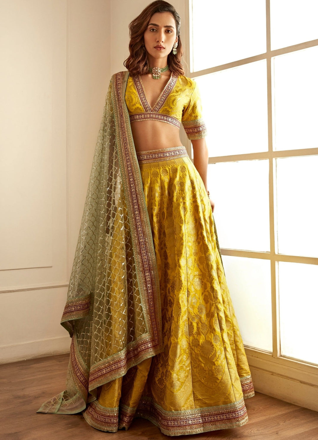 Sunshine Yellow and Rani Pink Hued Banarasi Lehenga Set Studio Iris - Fabilicious Fashion