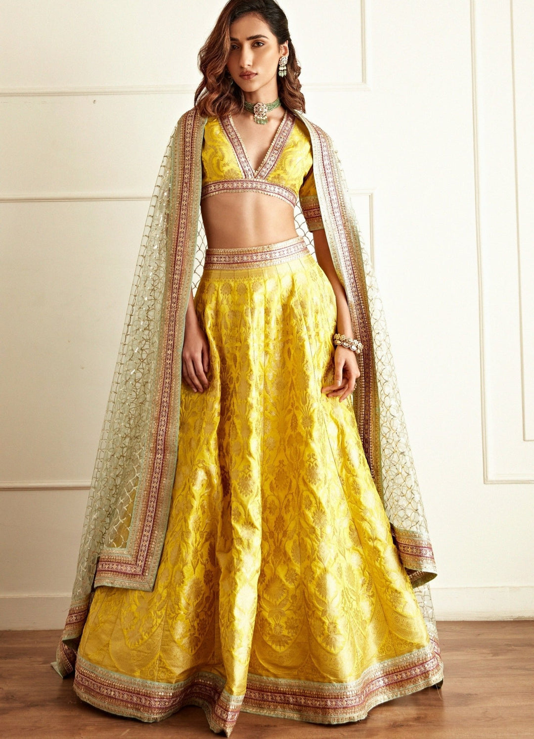 Sunshine Yellow and Rani Pink Hued Banarasi Lehenga Set Studio Iris - Fabilicious Fashion