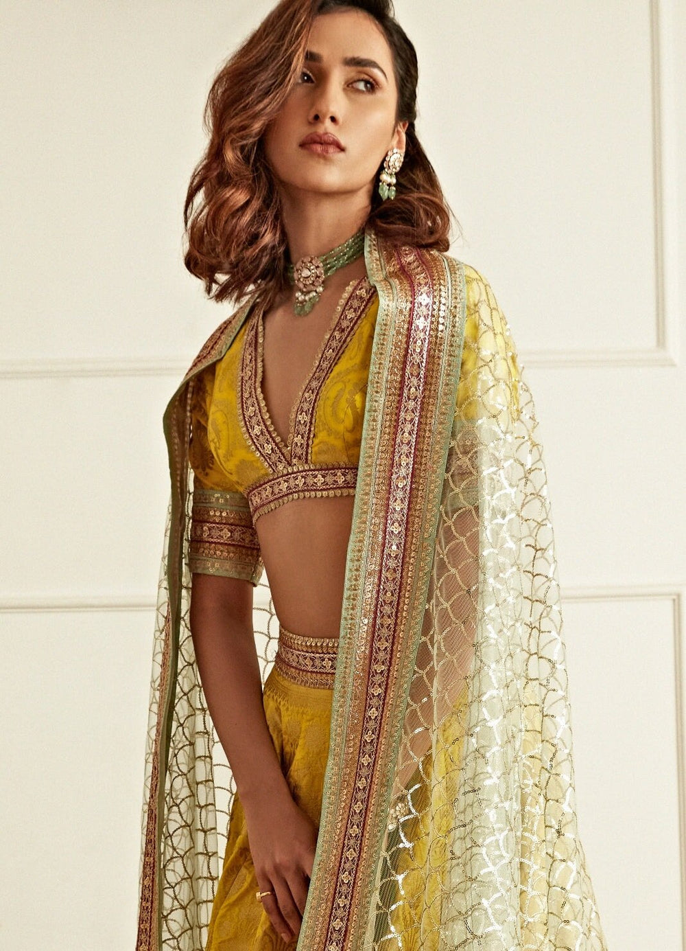 Sunshine Yellow and Rani Pink Hued Banarasi Lehenga Set Studio Iris - Fabilicious Fashion
