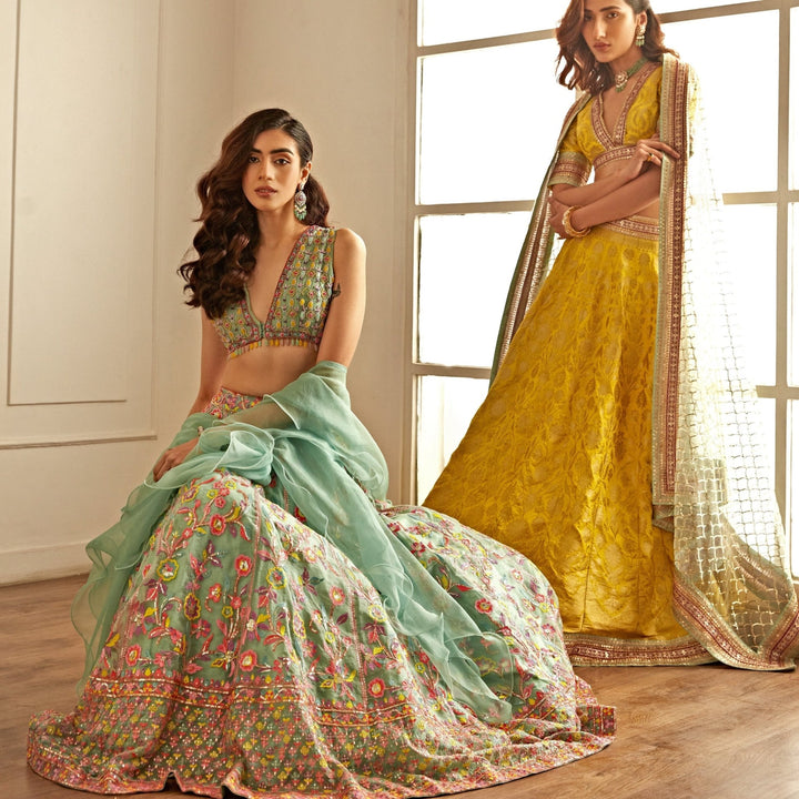 Sunshine Yellow and Rani Pink Hued Banarasi Lehenga Set Studio Iris - Fabilicious Fashion