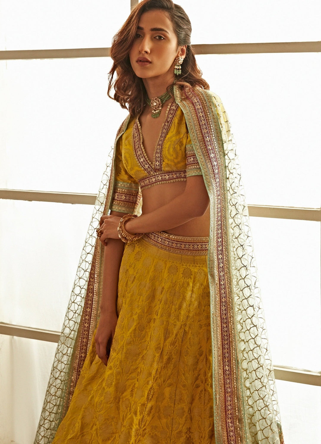 Sunshine Yellow and Rani Pink Hued Banarasi Lehenga Set Studio Iris - Fabilicious Fashion